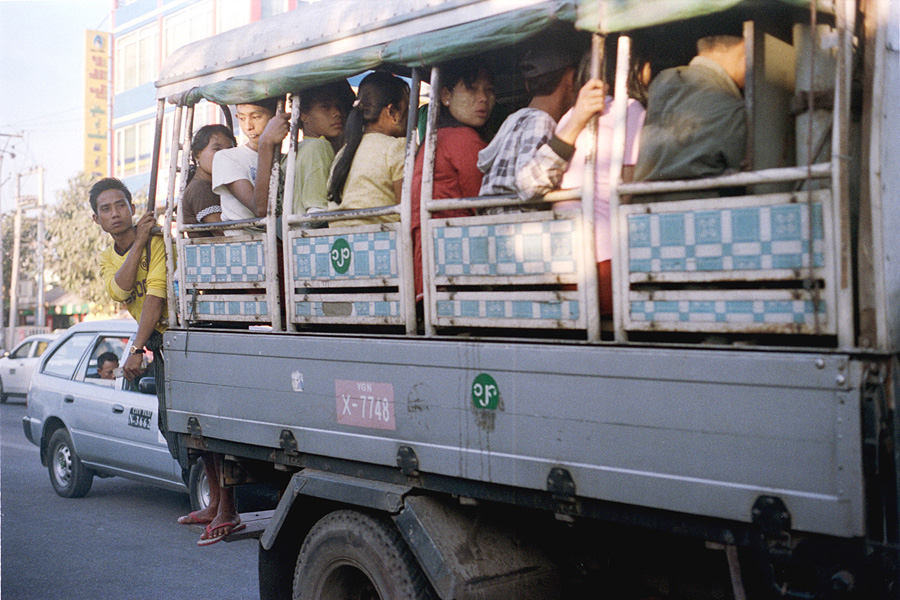 Yangon, 2015: a linecar, or converted truck, which constitutes one type of local public transportation.
