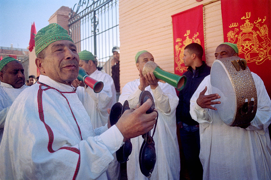 Marrakech, Morocco 2017: musicians prepare for a visit from the king.
